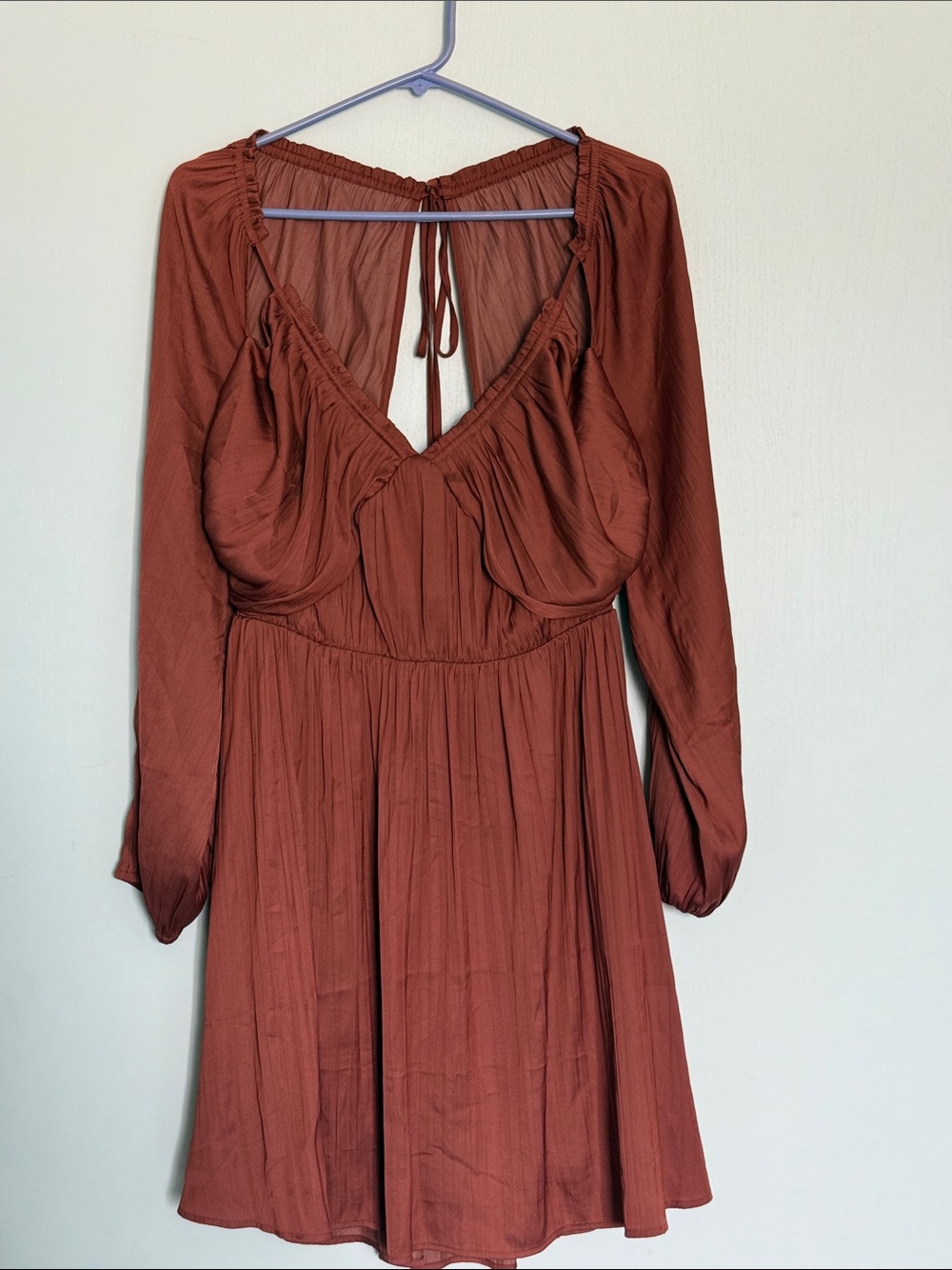 Anthropologie Long-Sleeve Rust Dress with V-Neck Tie | Sz L